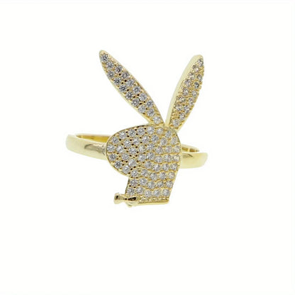 Gold-plated adjustable open ring with elegant shiny hip hop rock style bunny design encrusted with clear cubic zirconia stones