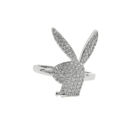 Elegant shiny hip hop rock style bunny silver ring with clear crystal pavé unique jewelry perfect gift for men and women