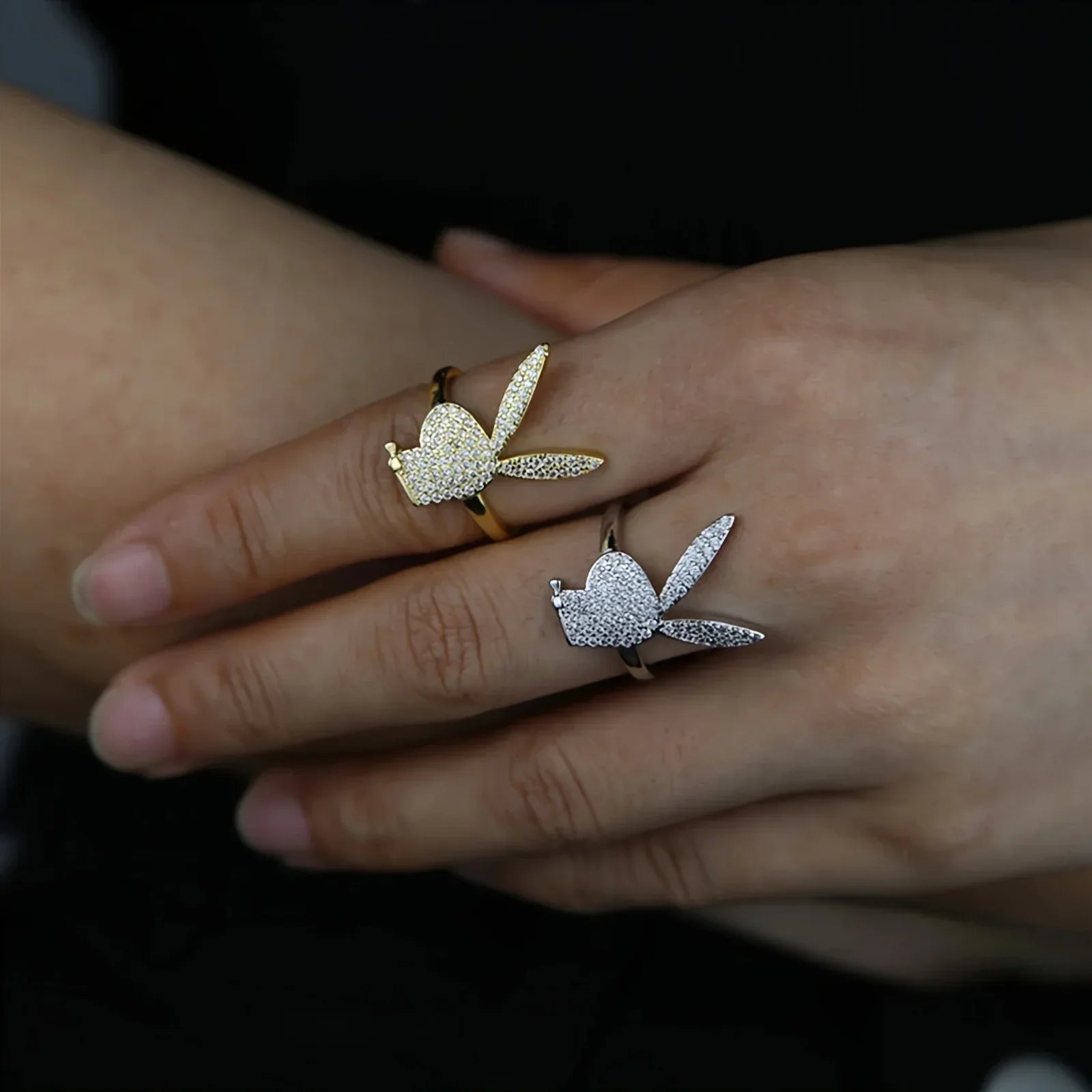 Two diamond-encrusted gold-tone and silver-tone playboy bunny rings elegant shiny hip rock style bunny unique jewelry perfect gift