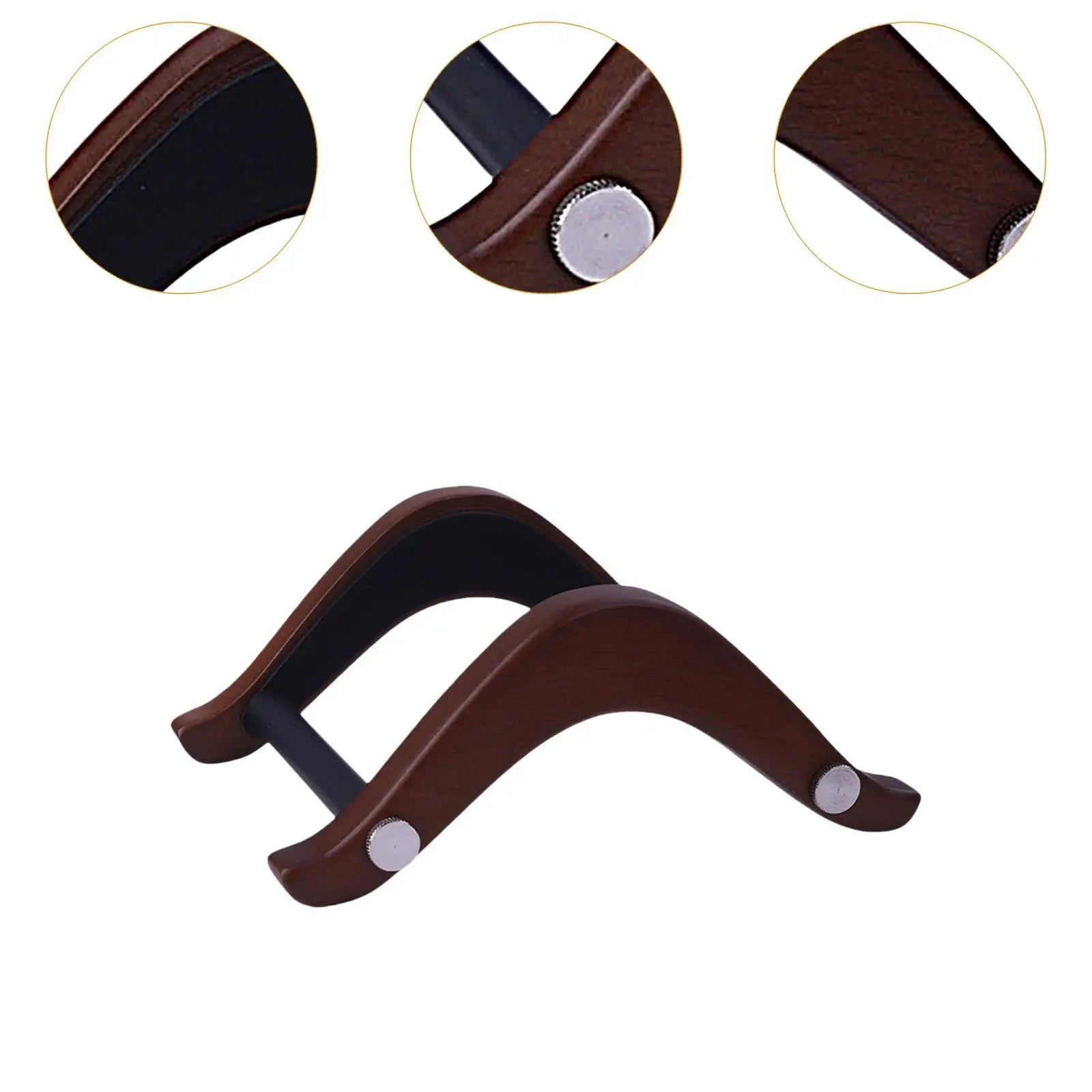 Elegant wooden guitar stand with brown wooden violin chin rest black interior and silver metal adjustment knobs for electric bass ukulele banjo musical instrument support