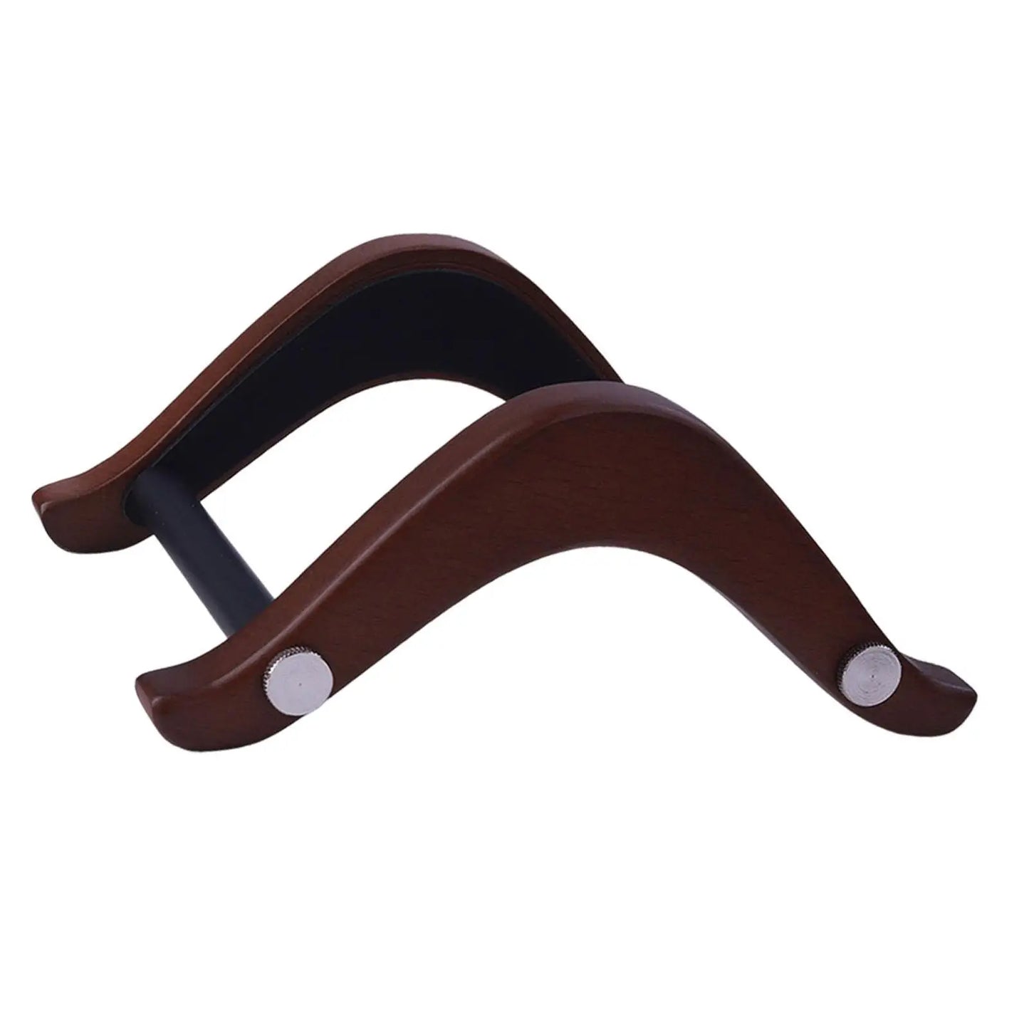 Elegant wooden guitar stand with brown wooden rest, black bar, and silver accents for electric bass ukulele banjo musical instrument