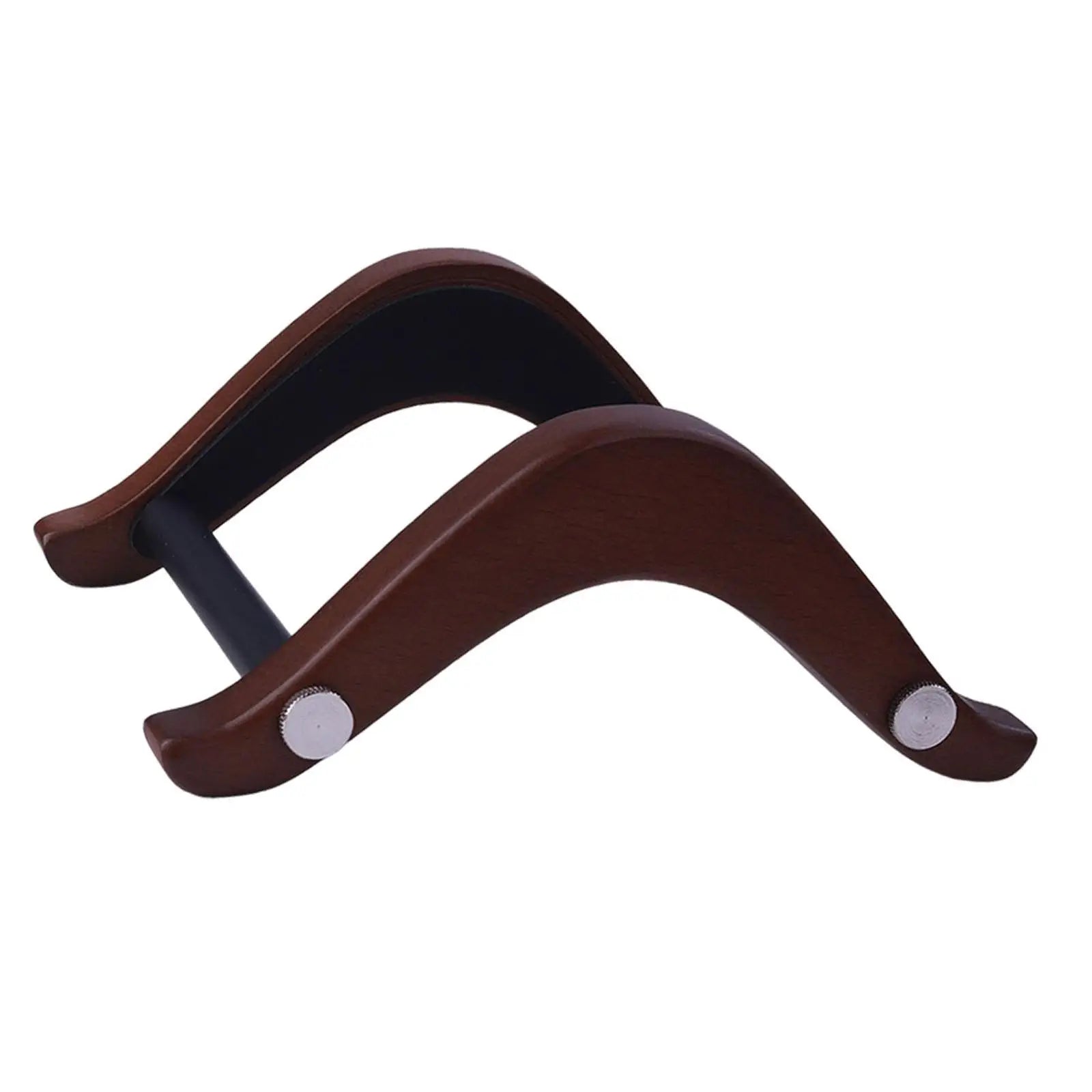 Elegant wooden guitar stand with brown wooden rest, black bar, and silver accents for electric bass ukulele banjo musical instrument