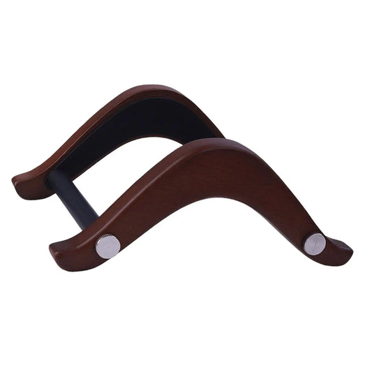 Elegant wooden guitar stand with brown wooden rest, black bar, and silver accents for electric bass ukulele banjo musical instrument