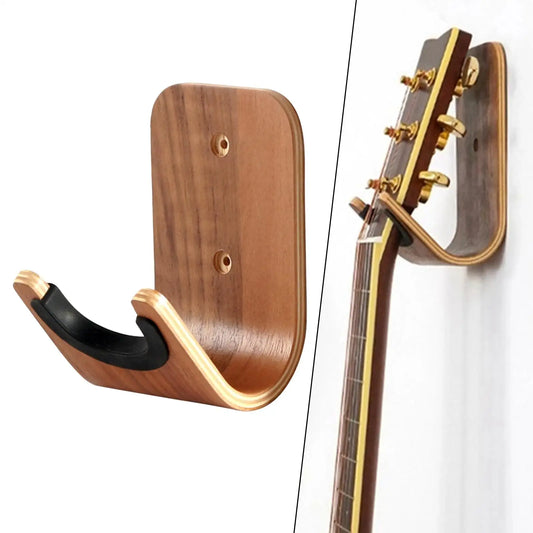 Elegant wooden wall hook organizer with walnut finish and black rubberized grip for musical instrument display