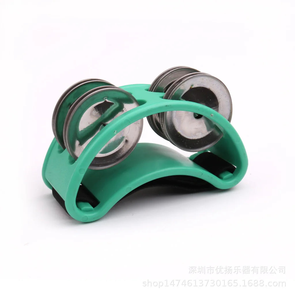 Green plastic elliptical drum companion handheld musical educational tambourine with silver metal jingles for children