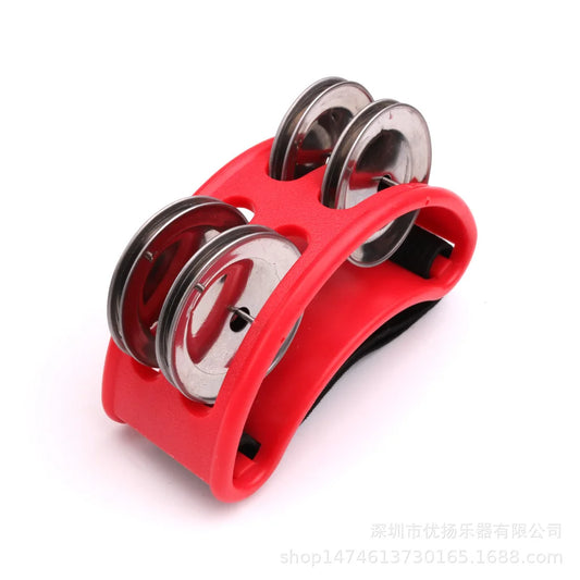 Red plastic elliptical drum companion handheld musical educational tambourine with four metallic jingles for children