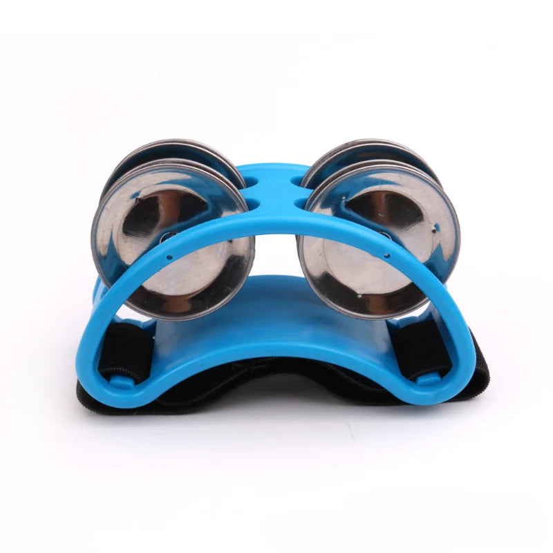 Blue plastic elliptical drum companion hand-held musical educational tambourine with shiny metallic bells for children