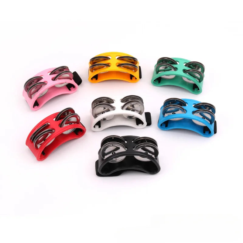 Colorful plastic elliptical drum companion musical educational tambourine with three metallic jingles and black strap