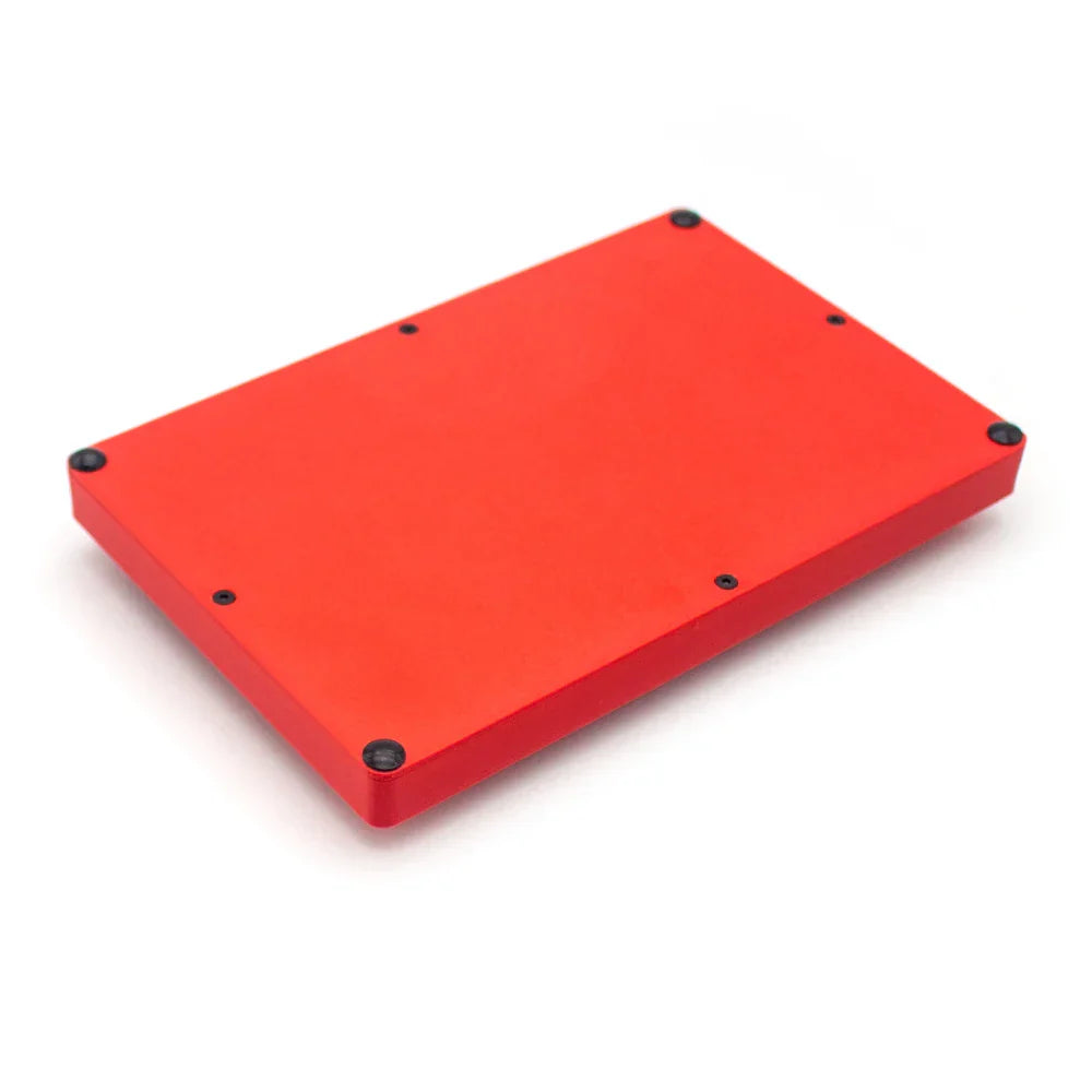 Red aluminum 2.5-inch ssd enclosure with black corner screws compatible with em-12f motor fader midi faders usb plug controller