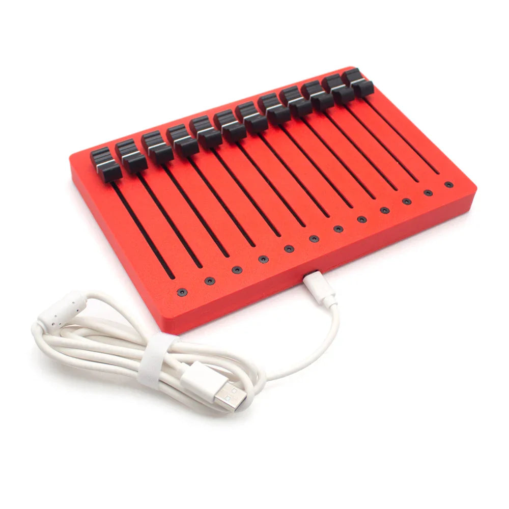 Red em-12f motor fader midi controller with 12 black high-precision faders and white usb plug for easy plug and play