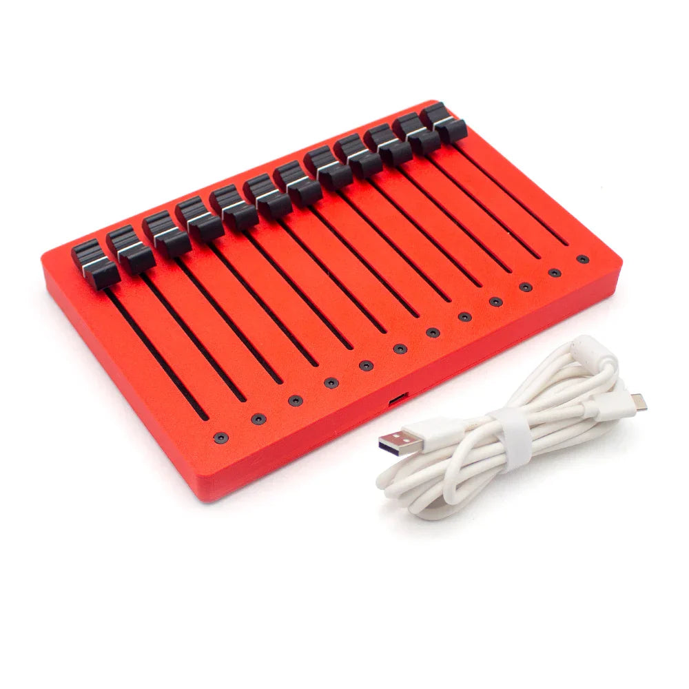 Red rectangular em-12f motor fader midi controller with ten black high-precision faders usb plug and coiled white cable