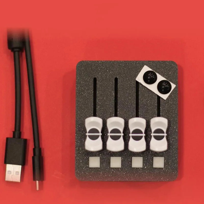 Black and white usb-c to usb-a cable with foam insert holding four white clip-on connectors for em-po2 midi controller streaming control