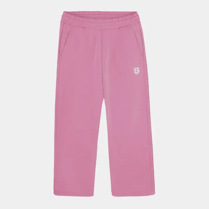 Pink embroidered sweatpants with elastic waistband and small white logo as part of set y2k clothing oversized casual