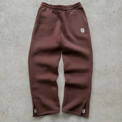 Brown fleece embroidered sweatpants with white logo and matching zipper pulls in oversized sweatpants casual set y2k clothing