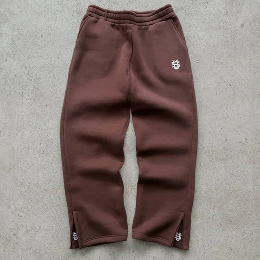 Brown fleece embroidered sweatpants with white logo and matching zipper pulls in oversized sweatpants casual set y2k clothing