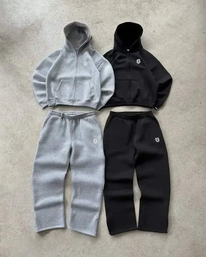 Gray and black set y2k clothing featuring oversized sweatpants casual and embroidered sweatpants with soft fleece material