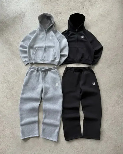 Gray and black set y2k clothing featuring oversized sweatpants casual and embroidered sweatpants with soft fleece material