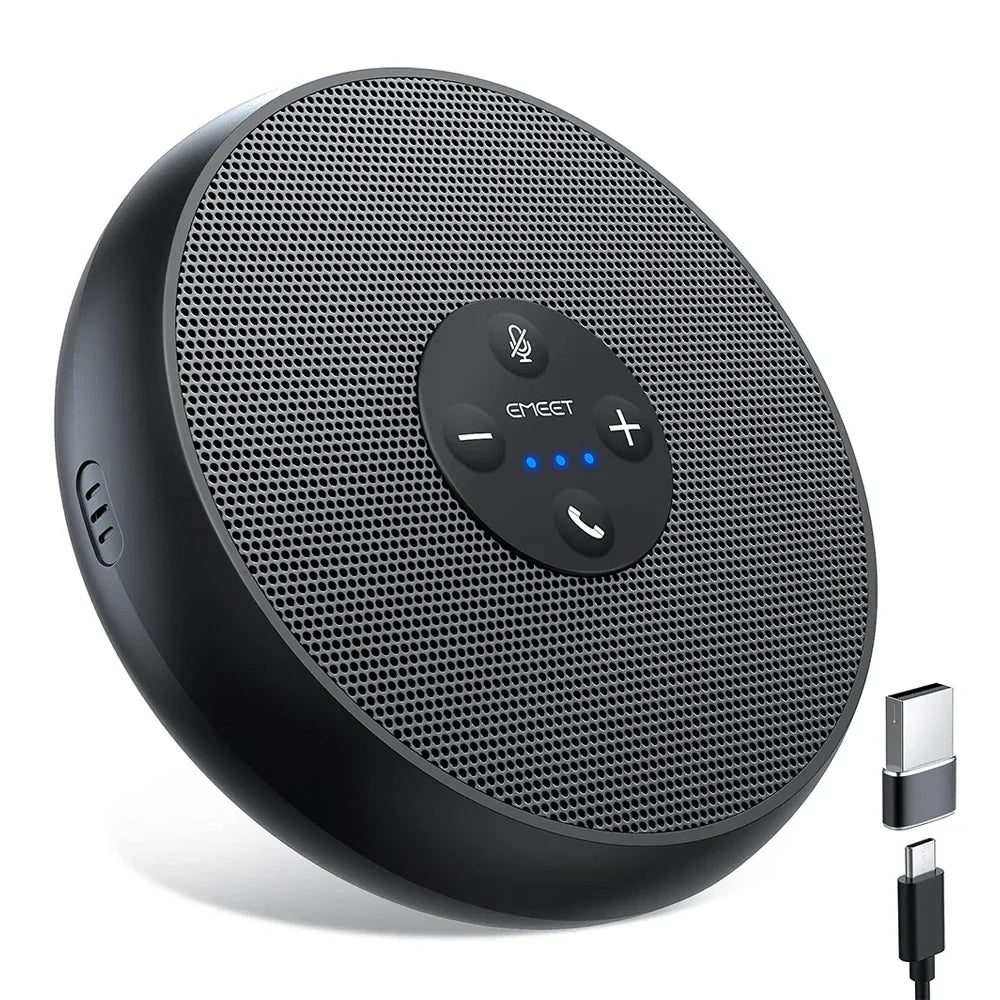 Black circular em eet usb wired speakerphone conference speaker with perforated grille 360° voice pickup and control buttons
