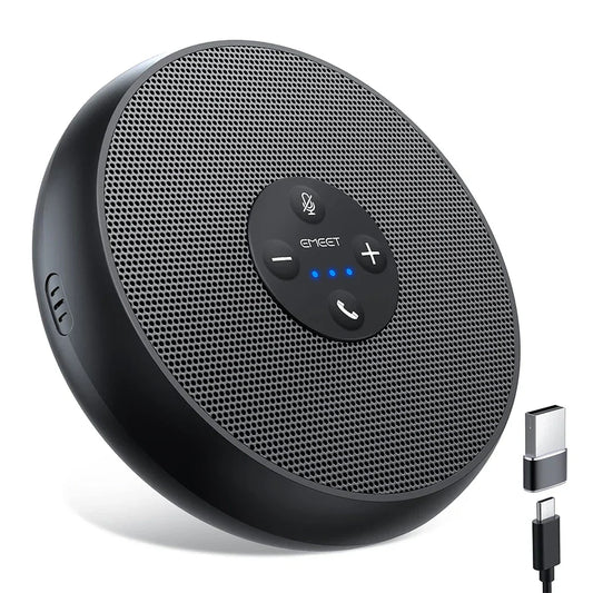 Black circular em eet usb wired speakerphone conference speaker with perforated grille 360° voice pickup and control buttons