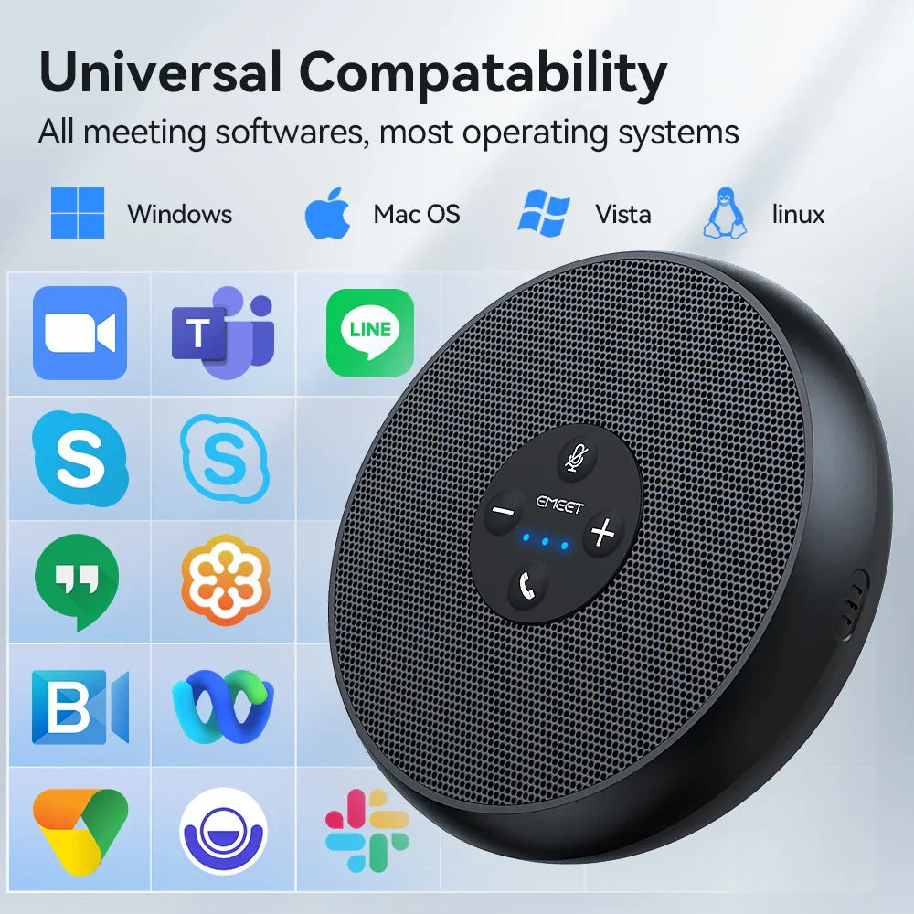 Black em eet usb wired speakerphone conference speaker with perforated grille and 360° voice pickup controls