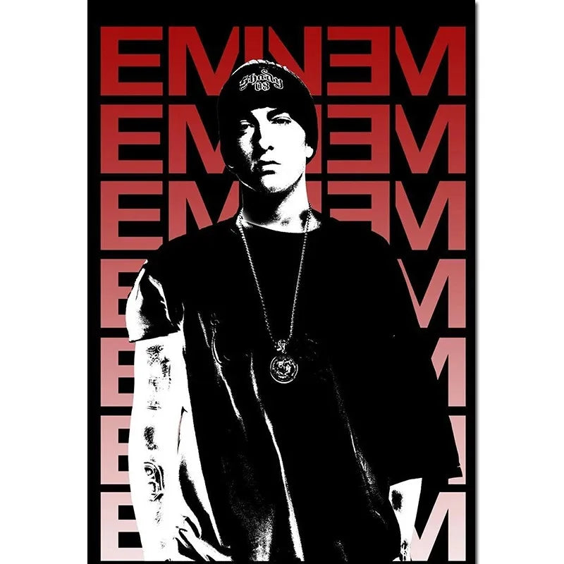 Black and white eminem portrait poster with bold red eminem text for home decor living room or bedroom wall art