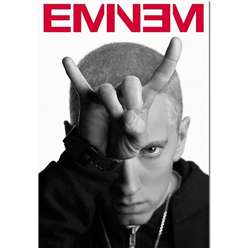 Black-and-white portrait poster of rapper eminem with red eminem text for hip hop home decor wall art