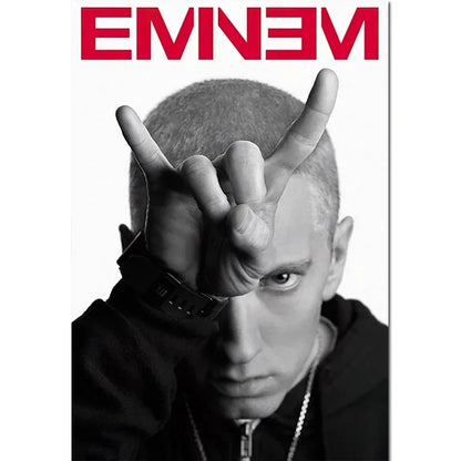 Black-and-white portrait poster of rapper eminem with red eminem text for hip hop home decor wall art