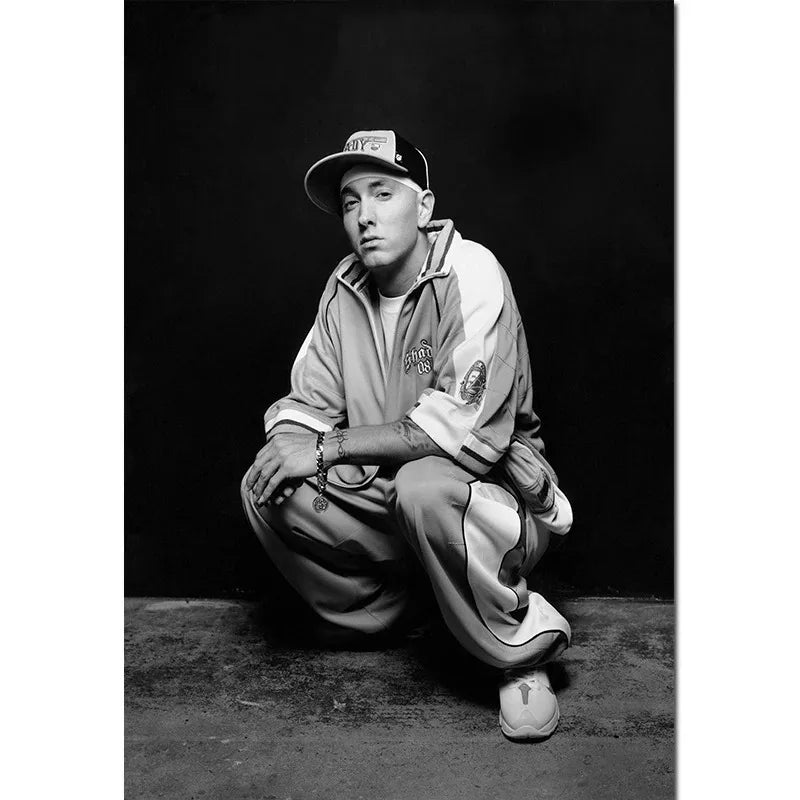 Black-and-white eminem poster canvas of rapper singer eminem crouching in athletic wear for home decor wall display