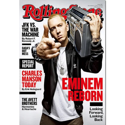Eminem poster canvas painting featuring Eminem in a black Adidas jacket holding a silver gray vintage boombox