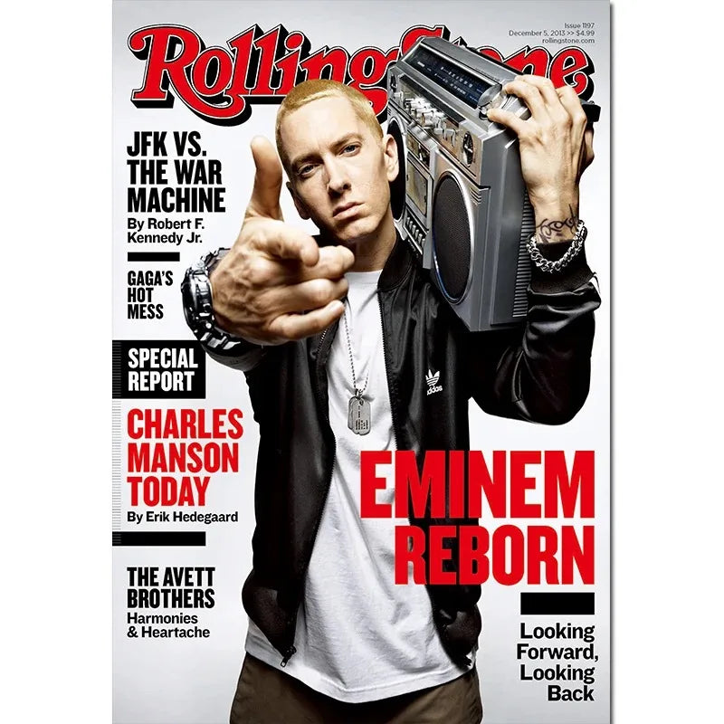 Eminem poster canvas featuring rapper singer eminem in black adidas jacket holding silver vintage boombox for home decor wall