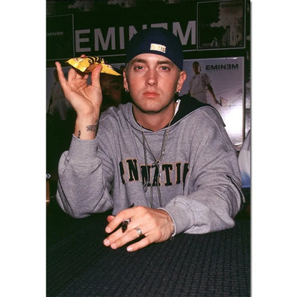 Gray annatic hoodie with black drawstring and hood worn over white shirt featured in eminem 8 mile hip hop poster art