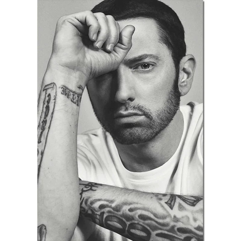Black and white eminim poster canvas painting featuring visible arm tattoos ideal for hip hop home decor