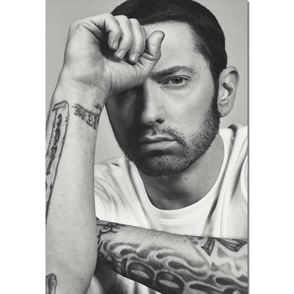 Black and white eminim poster canvas painting featuring visible arm tattoos ideal for hip hop home decor