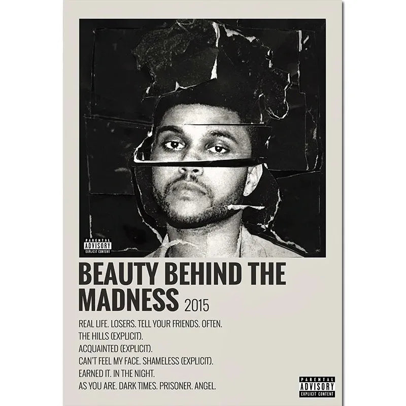 Black-and-white poster featuring a torn portrait of the weeknd with beauty behind the madness 2015 for wall decor