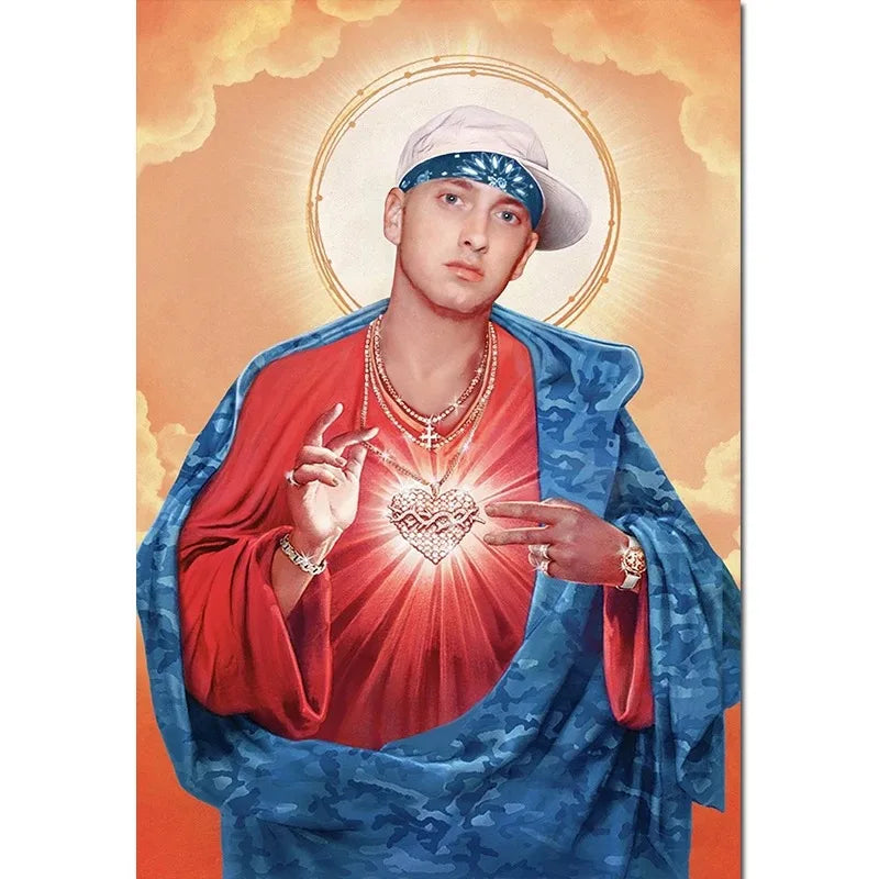 Stylized eminem poster canvas featuring rapper singer eminem in blue camouflage robe for home decor wall art