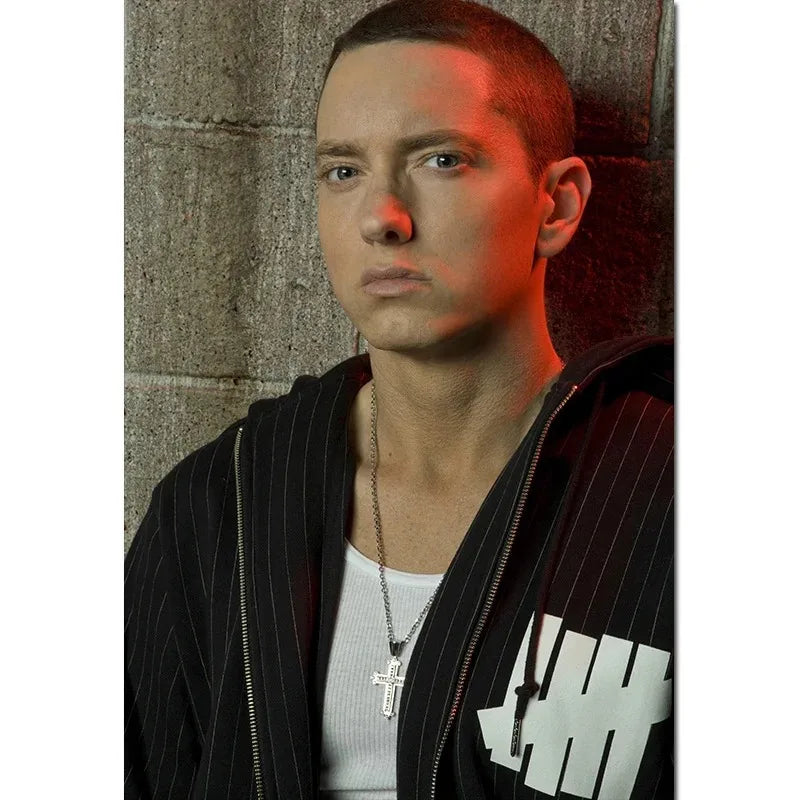 Silver cross pendant necklace worn by person with eminem poster canvas for hip hop rapper singer home decor wall art