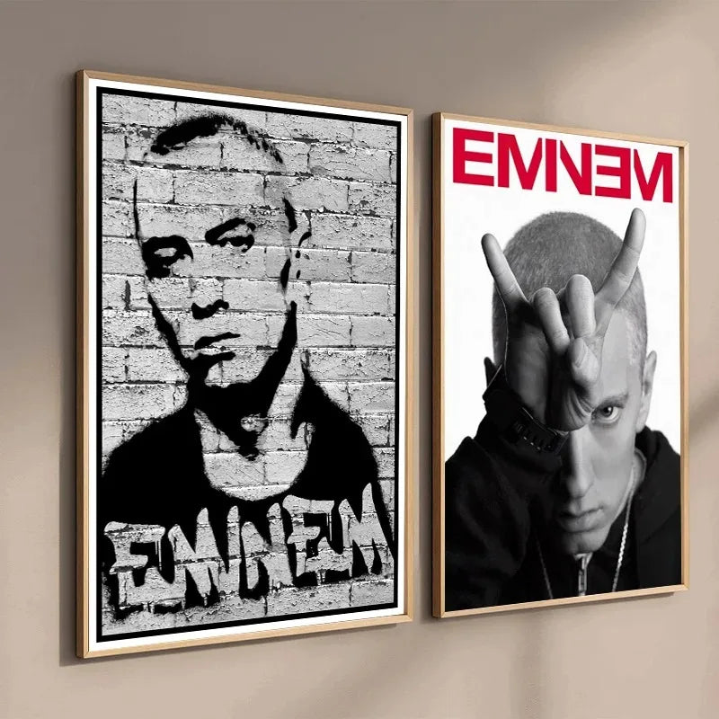 Two framed Eminem posters featuring black and white graffiti style and portrait designs for home decor wall art