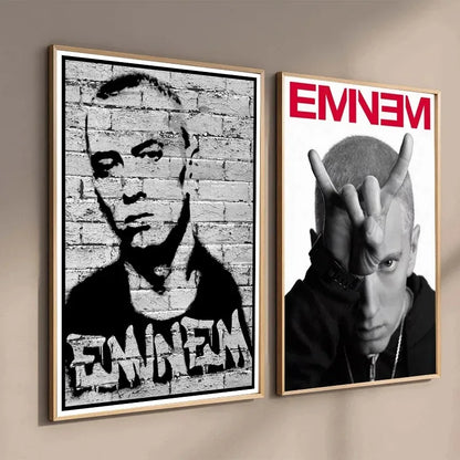 Two framed Eminem posters featuring black and white graffiti style and portrait designs for home decor wall art