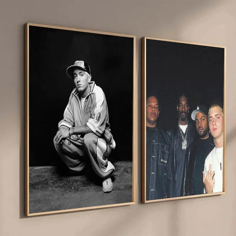 Two framed black-and-white and color photographic prints of eminem and n.w.a. hip-hop rappers wall art for home decor