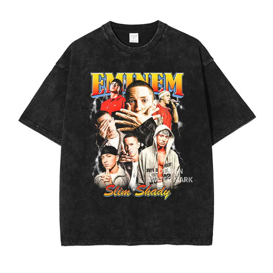 Black distressed cotton eminem vintage washed t shirt with vibrant graphic for hip hop rapper shirts harajuku y2k style