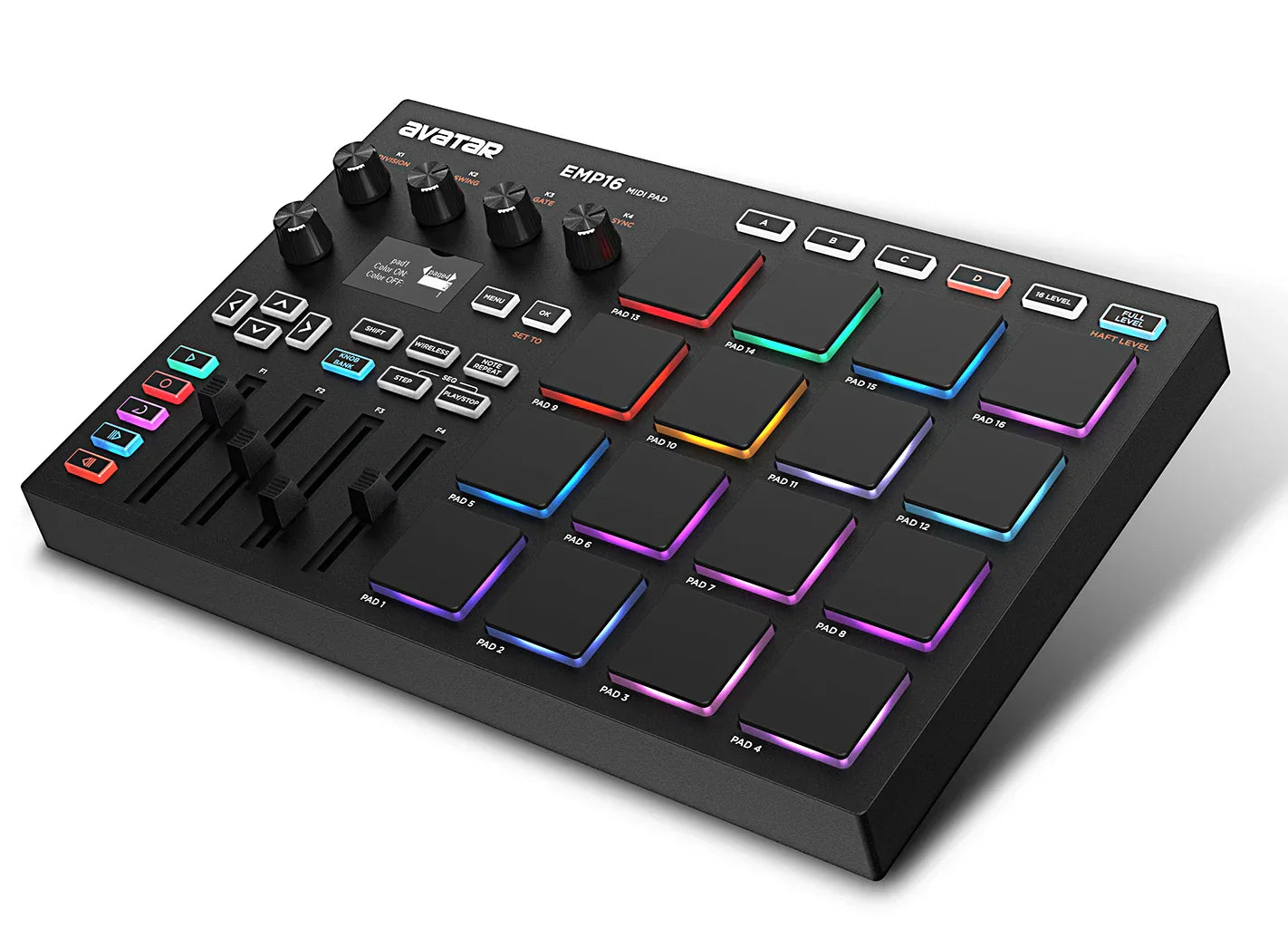 Black emp16 midi pad controller beat maker with 16 rgb velocity sensitive backlit pads and bluetooth connectivity