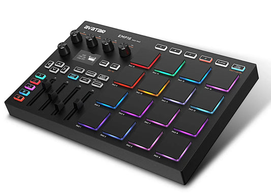 Black emp16 midi pad controller beat maker with 16 rgb velocity sensitive backlit pads and bluetooth connectivity