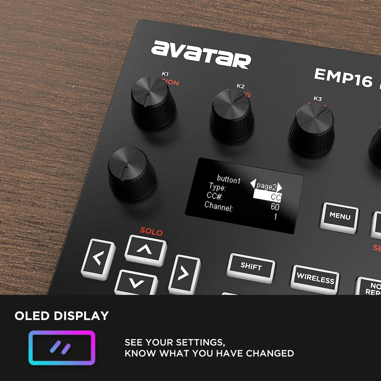 Black emp16 midi pad controller beat maker with matte finish, rgb velocity sensitive pads, rotary knobs, and oled display