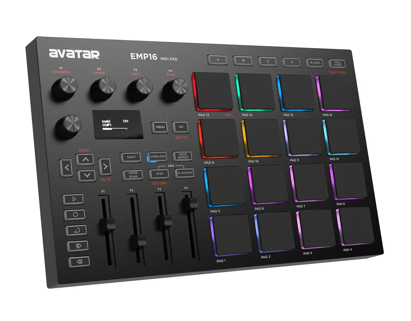 Black emp16 midi pad controller beat maker with 16 rgb velocity sensitive illuminated pads and silver knobs