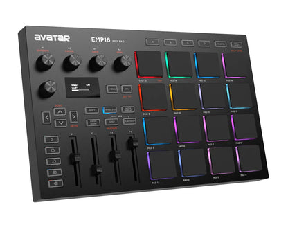 Black emp16 midi pad controller beat maker with 16 rgb velocity sensitive illuminated pads and silver knobs