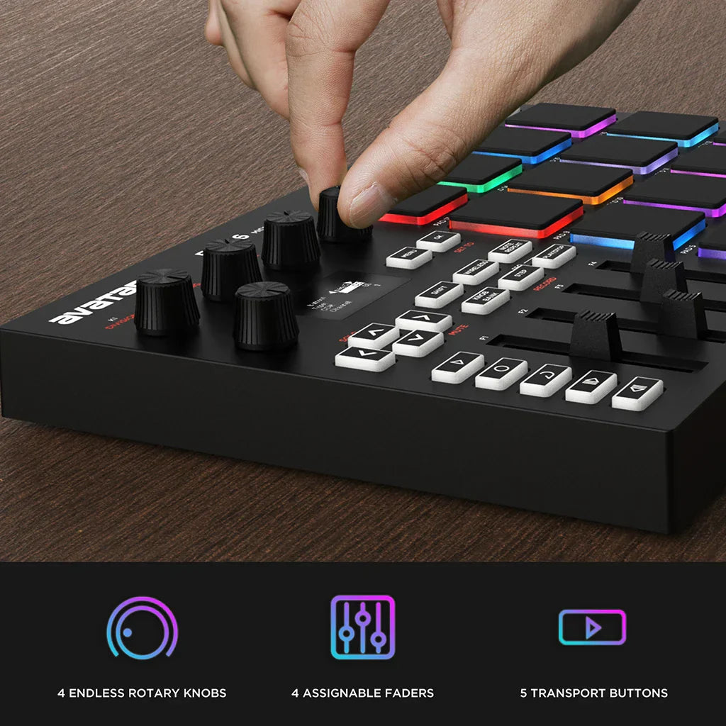 Black emp16 midi pad controller beat maker with 16 rgb velocity sensitive backlit pads and white buttons