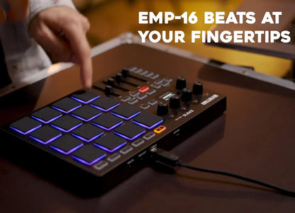 Black emp16 midi pad controller beat maker with 16 rgb velocity sensitive pads and orange red accent buttons with Bluetooth