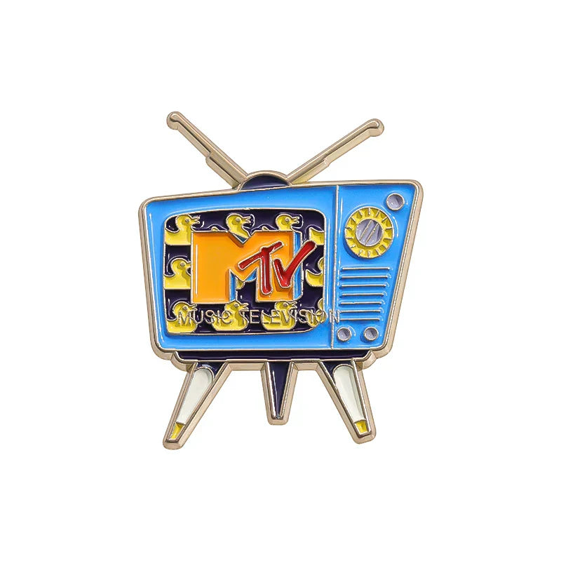Blue enamel music television pin with gold antenna featuring mtv logo ideal as brooches lapel backpack badge fashio jewelry