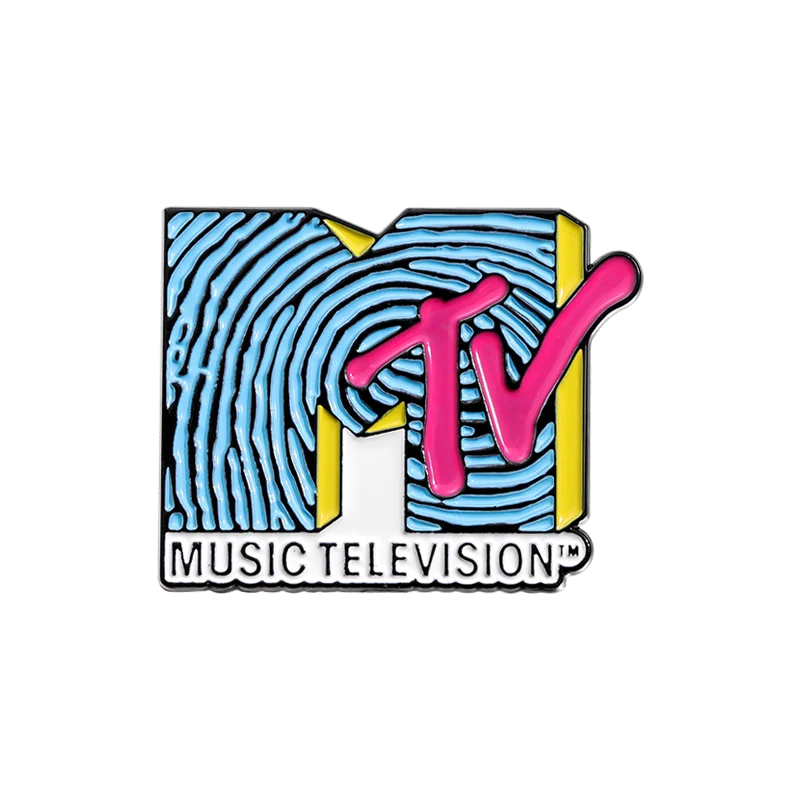 Vibrant enamel music television pin featuring mtv logo with blue fingerprint patterns and bold pink and yellow accents for brooches lapel backpack badge fashio jewelry