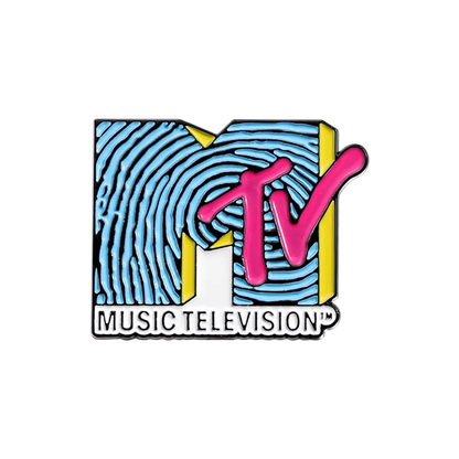 Vibrant enamel music television pin featuring mtv logo with blue fingerprint patterns and bold pink and yellow accents for brooches lapel backpack badge fashio jewelry
